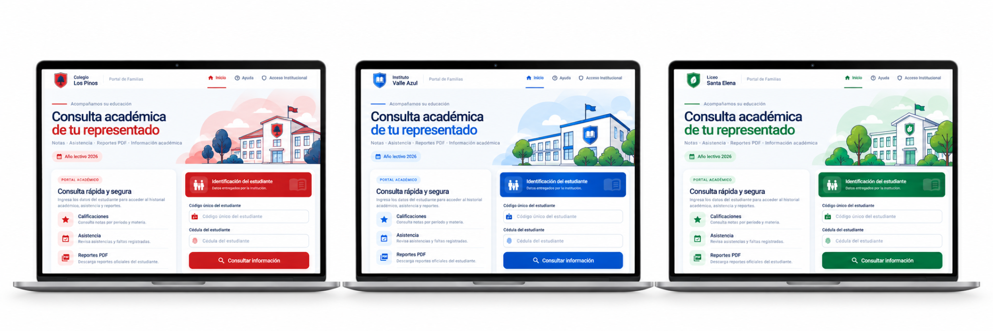 Tres versiones personalizadas de Aulena SGE para instituciones diferentes