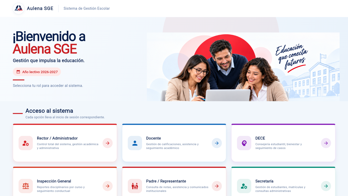 Vista del acceso por roles de Aulena SGE